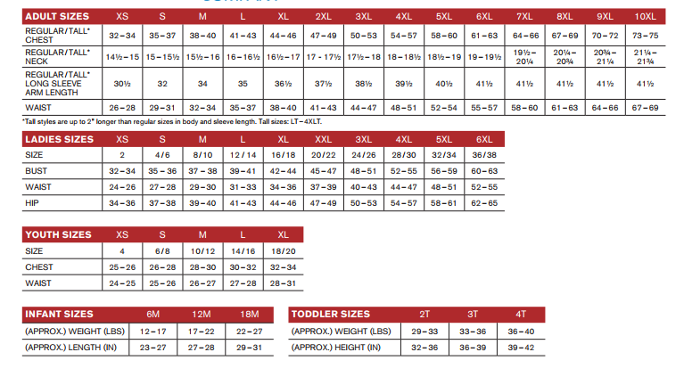 Sizing Chart - JL Sports El Paso